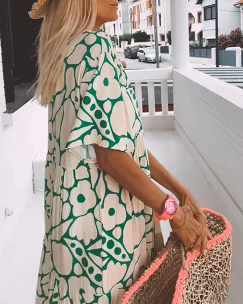 LOOSE-FIT PRINTED DRESS WITH V-NECKLINE