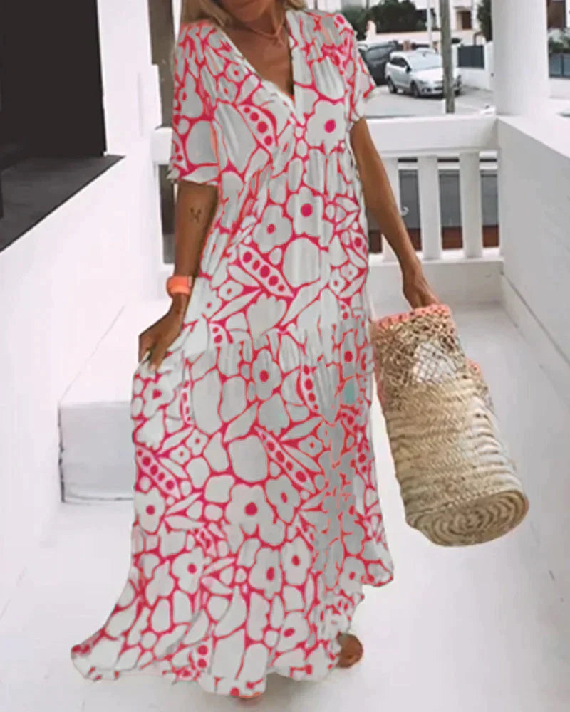 LOOSE-FIT PRINTED DRESS WITH V-NECKLINE