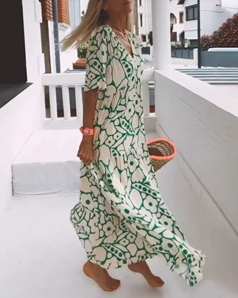 LOOSE-FIT PRINTED DRESS WITH V-NECKLINE