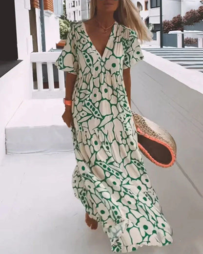 LOOSE-FIT PRINTED DRESS WITH V-NECKLINE