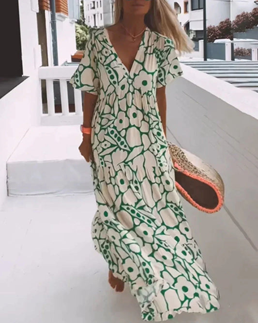 LOOSE-FIT PRINTED DRESS WITH V-NECKLINE