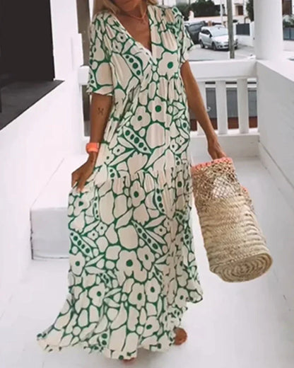 LOOSE-FIT PRINTED DRESS WITH V-NECKLINE