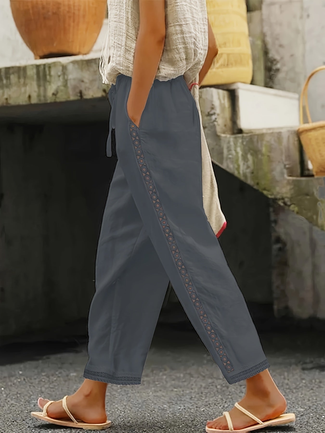AVA - LACE SPLICING STRAIGHT LEG PANTS