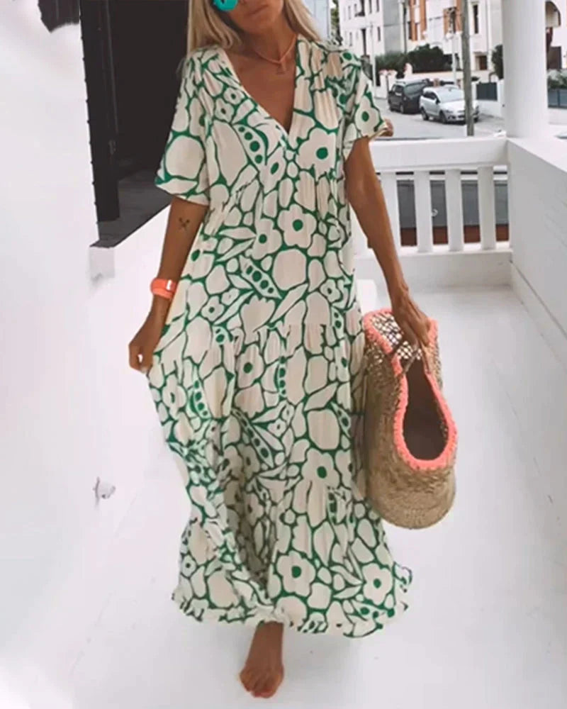 LOOSE-FIT PRINTED DRESS WITH V-NECKLINE