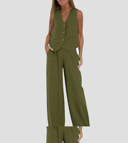 ELEVATE YOUR STYLE WITH THE AIRA BUTTONED VEST AND WIDE-LEG TROUSERS ENSEMBLE