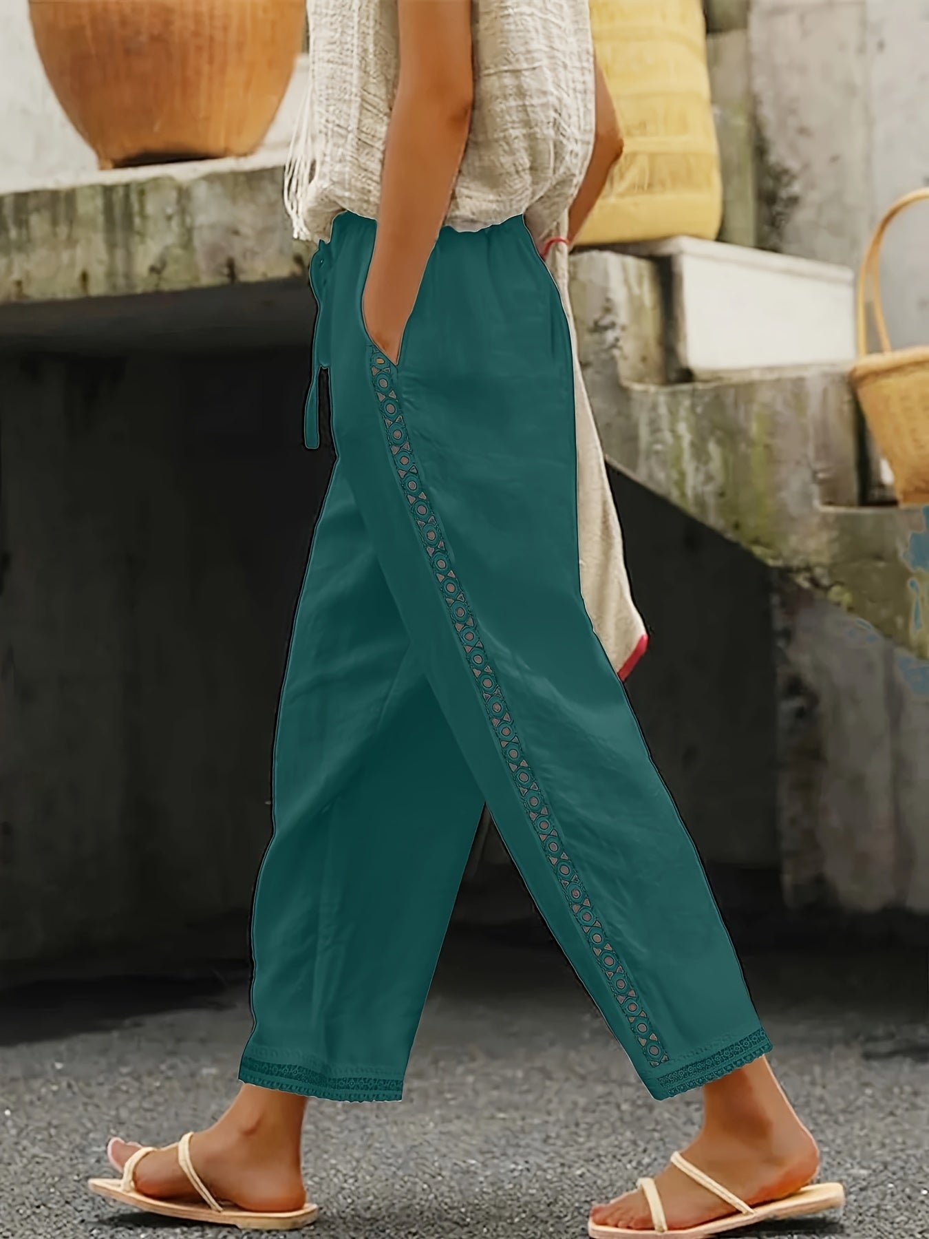 AVA - LACE SPLICING STRAIGHT LEG PANTS