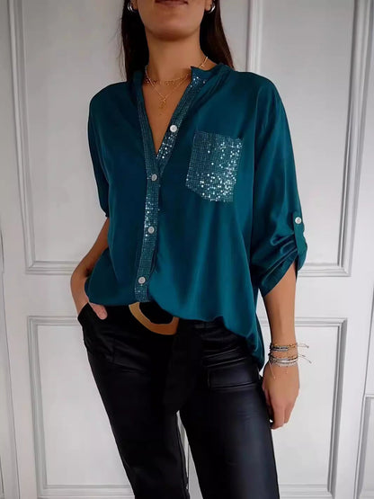 Elaine – midnight gloss drape blouse