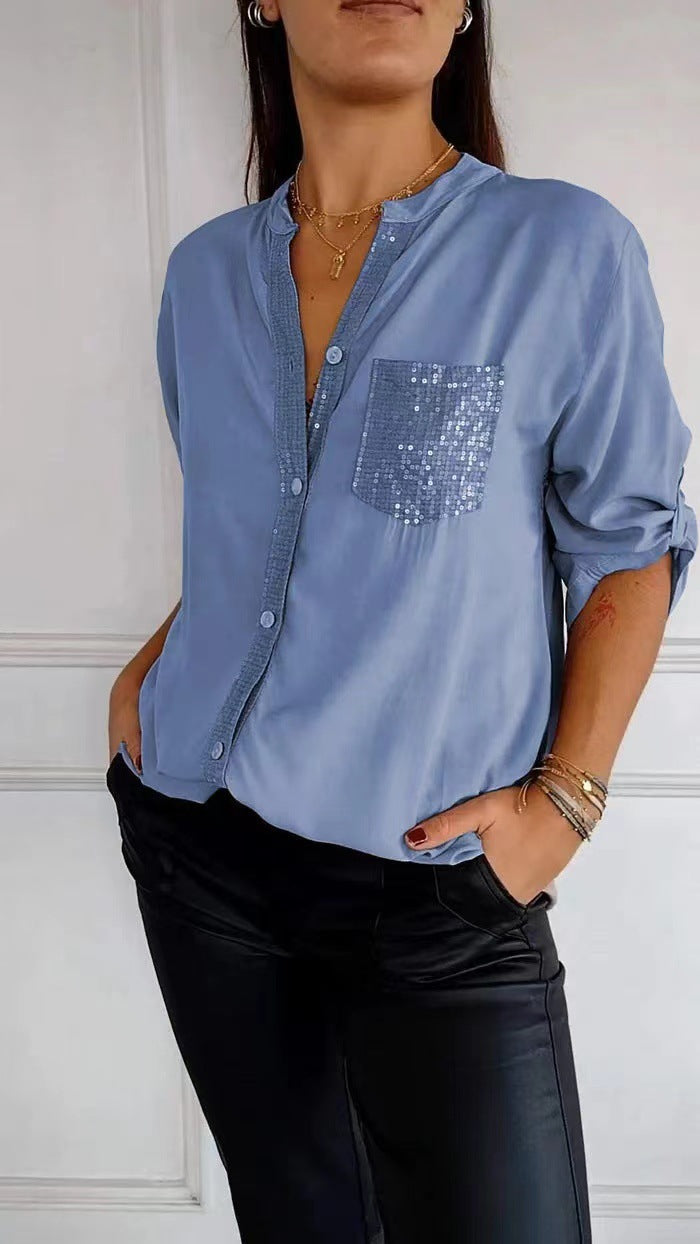 Elaine – midnight gloss drape blouse
