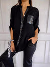 Elaine – midnight gloss drape blouse