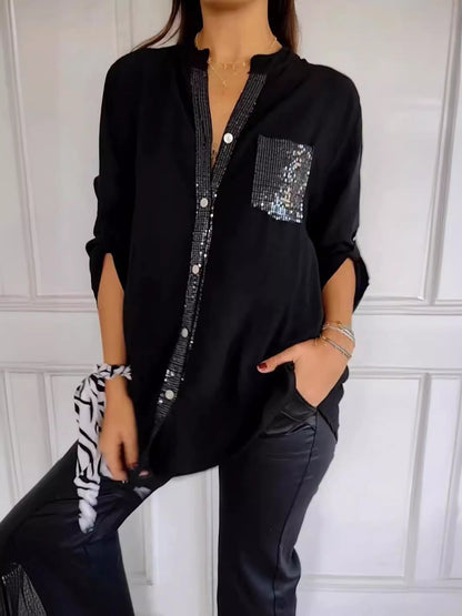 Elaine – midnight gloss drape blouse
