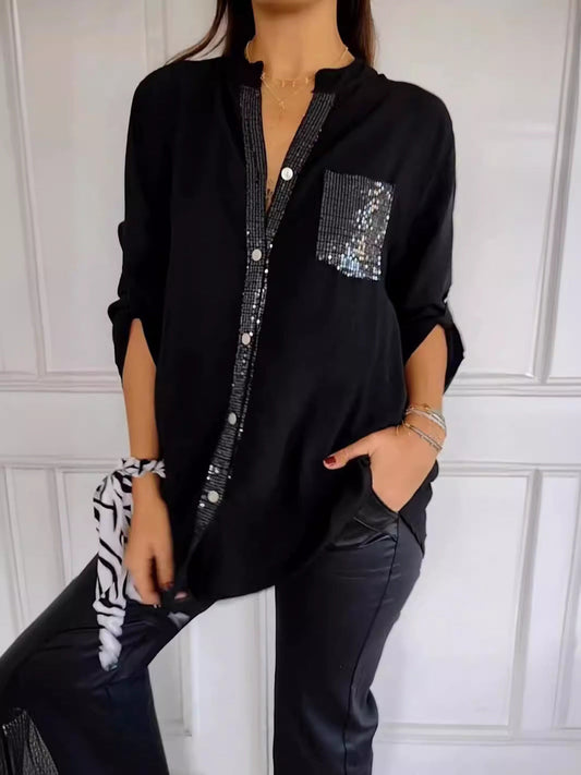 Elaine – midnight gloss drape blouse