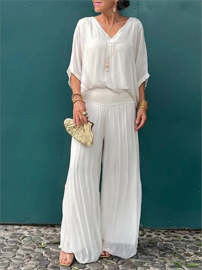 MIA - V-NECK WIDE-LEG CHIFFON SET