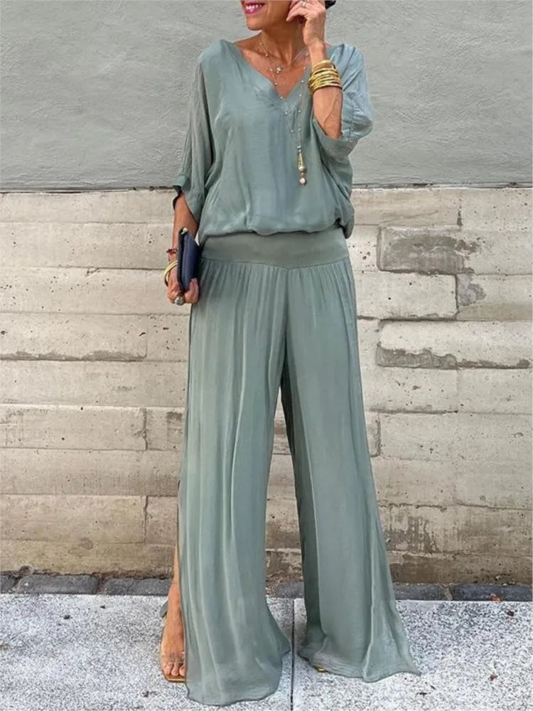 MIA - V-NECK WIDE-LEG CHIFFON SET