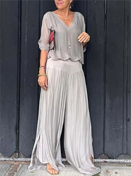 MIA - V-NECK WIDE-LEG CHIFFON SET