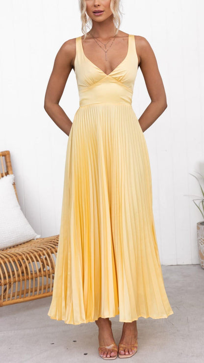 INAYA - ELEGANT PLEATED MAXI DRESS WITH V-NECK