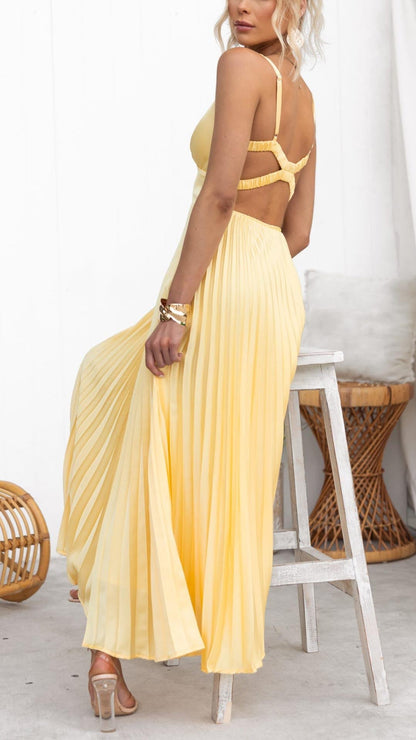 INAYA - ELEGANT PLEATED MAXI DRESS WITH V-NECK