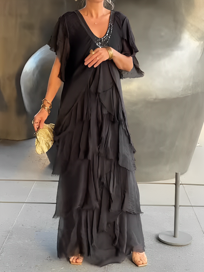 TWILIGHT ALLURE – LONG V-NECK GOWN WITH ARTISTIC PRINT