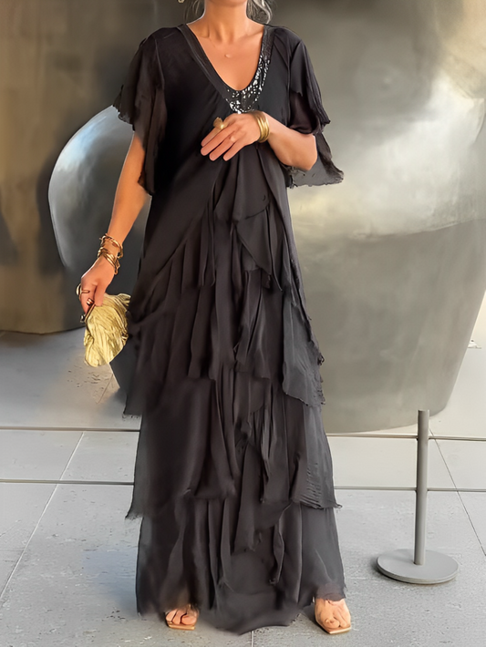 TWILIGHT ALLURE – LONG V-NECK GOWN WITH ARTISTIC PRINT