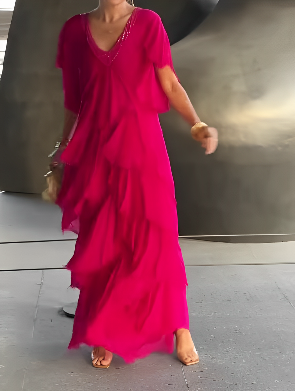 TWILIGHT ALLURE – LONG V-NECK GOWN WITH ARTISTIC PRINT