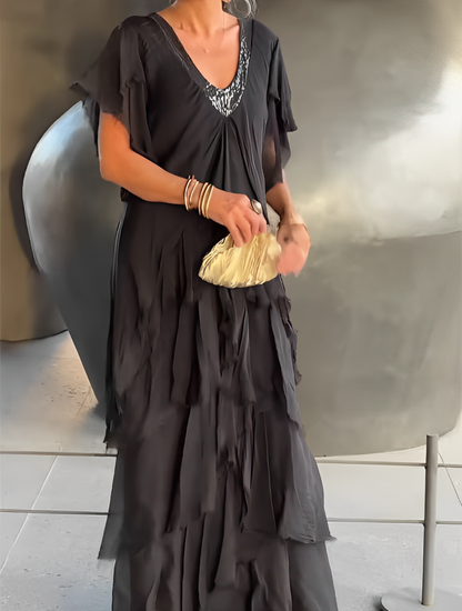 TWILIGHT ALLURE – LONG V-NECK GOWN WITH ARTISTIC PRINT