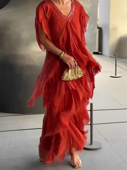 TWILIGHT ALLURE – LONG V-NECK GOWN WITH ARTISTIC PRINT