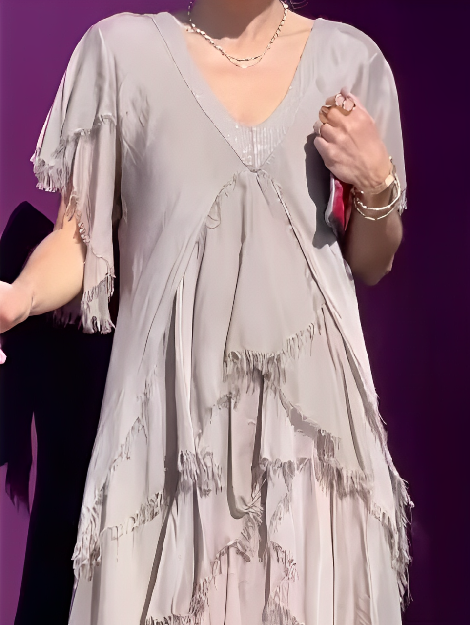 TWILIGHT ALLURE – LONG V-NECK GOWN WITH ARTISTIC PRINT