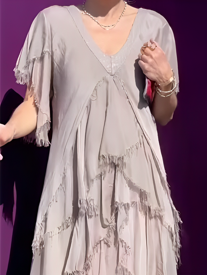 TWILIGHT ALLURE – LONG V-NECK GOWN WITH ARTISTIC PRINT