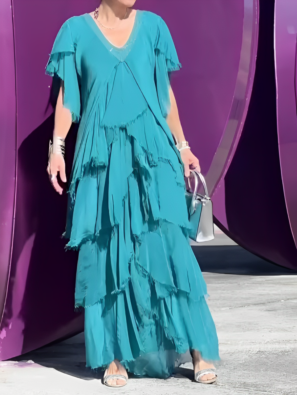 TWILIGHT ALLURE – LONG V-NECK GOWN WITH ARTISTIC PRINT
