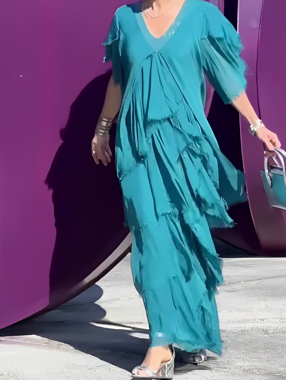 TWILIGHT ALLURE – LONG V-NECK GOWN WITH ARTISTIC PRINT