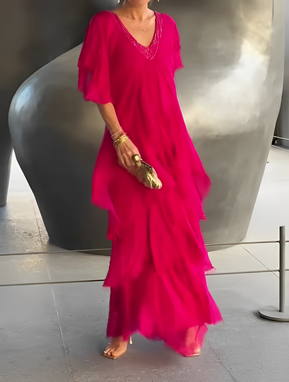 TWILIGHT ALLURE – LONG V-NECK GOWN WITH ARTISTIC PRINT