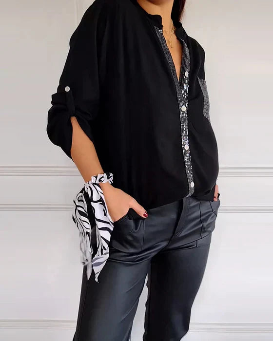 Elaine – midnight gloss drape blouse