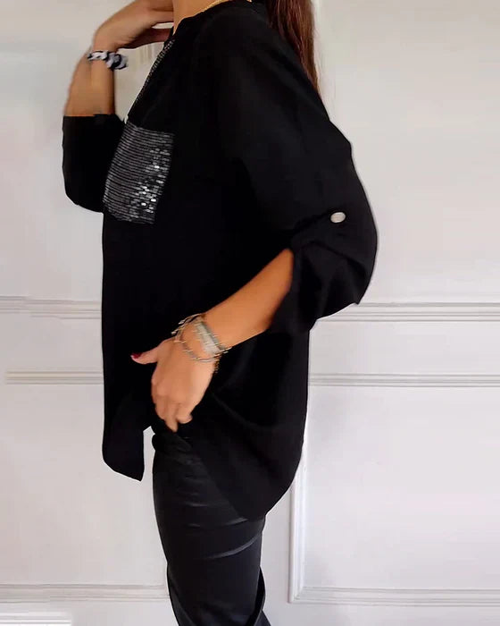 Elaine – midnight gloss drape blouse
