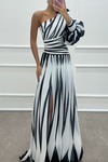 Chloe – one-shoulder grace in soft summer stripes