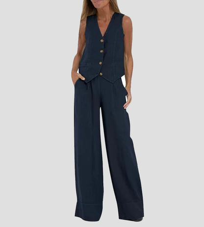 ELEVATE YOUR STYLE WITH THE AIRA BUTTONED VEST AND WIDE-LEG TROUSERS ENSEMBLE