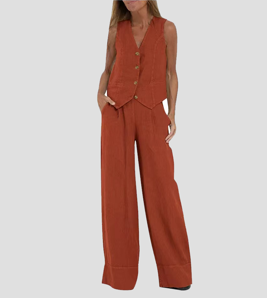 ELEVATE YOUR STYLE WITH THE AIRA BUTTONED VEST AND WIDE-LEG TROUSERS ENSEMBLE