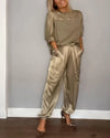 ELEGANT TWO-PIECE SATIN SET WITH BLOUSE AND CARGO PANTS