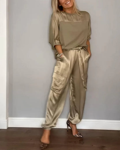 ELEGANT TWO-PIECE SATIN SET WITH BLOUSE AND CARGO PANTS