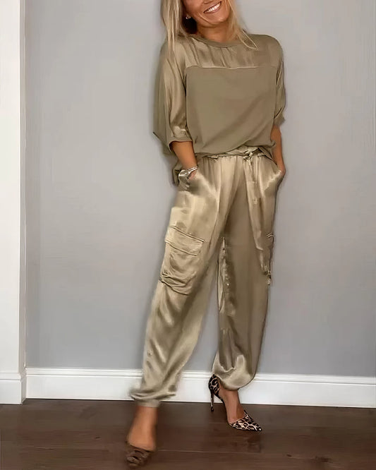 ELEGANT TWO-PIECE SATIN SET WITH BLOUSE AND CARGO PANTS