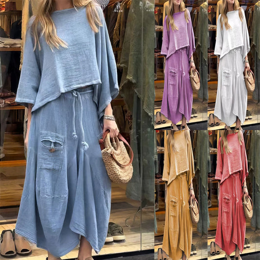 CASUAL TWO-PIECE SET: ROUND-NECK BLOUSE & LOOSE-FIT SKIRT