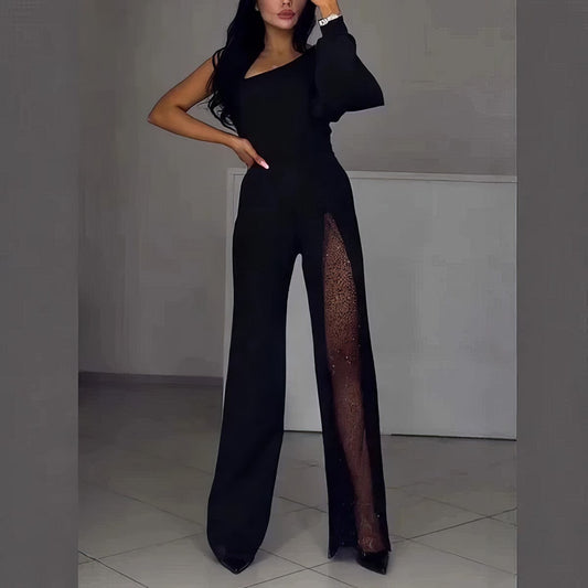 ASYMMETRICAL ONE-SHOULDER JUMPSUIT WITH FLARED TULLE SLEEVES