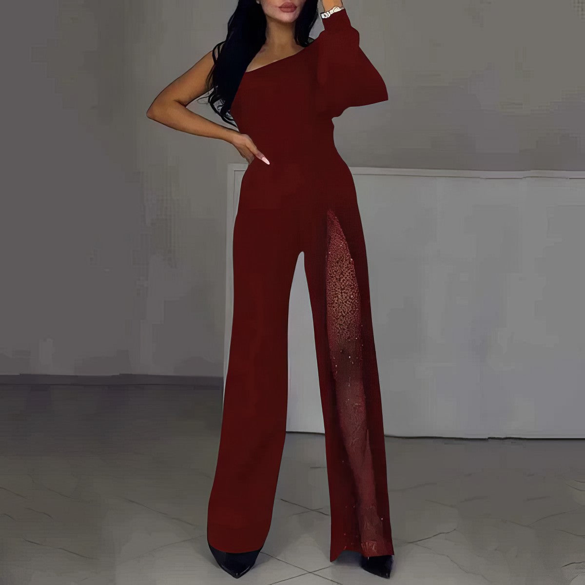 ASYMMETRICAL ONE-SHOULDER JUMPSUIT WITH FLARED TULLE SLEEVES