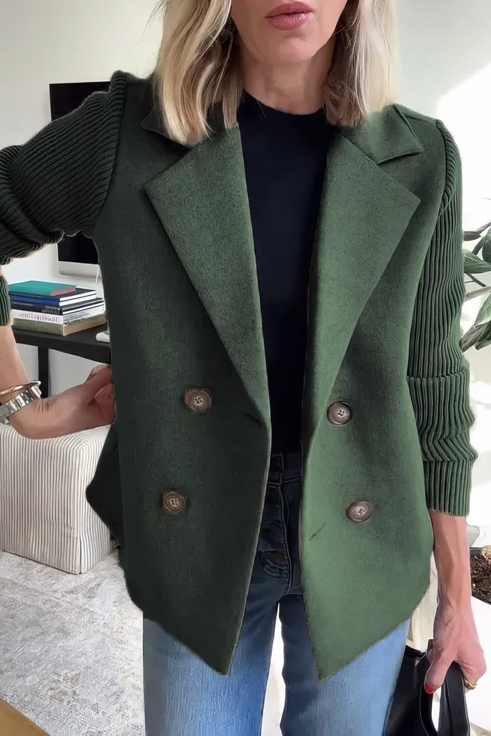 CASUAL KNIT COAT  -WITH BUTTONS AND PATCHWORK SLEEVES FOR WOMEN