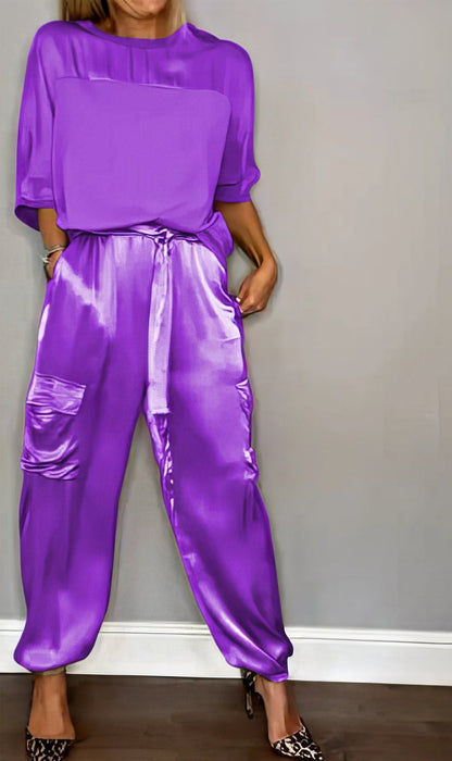 ELEGANT TWO-PIECE SATIN SET WITH BLOUSE AND CARGO PANTS