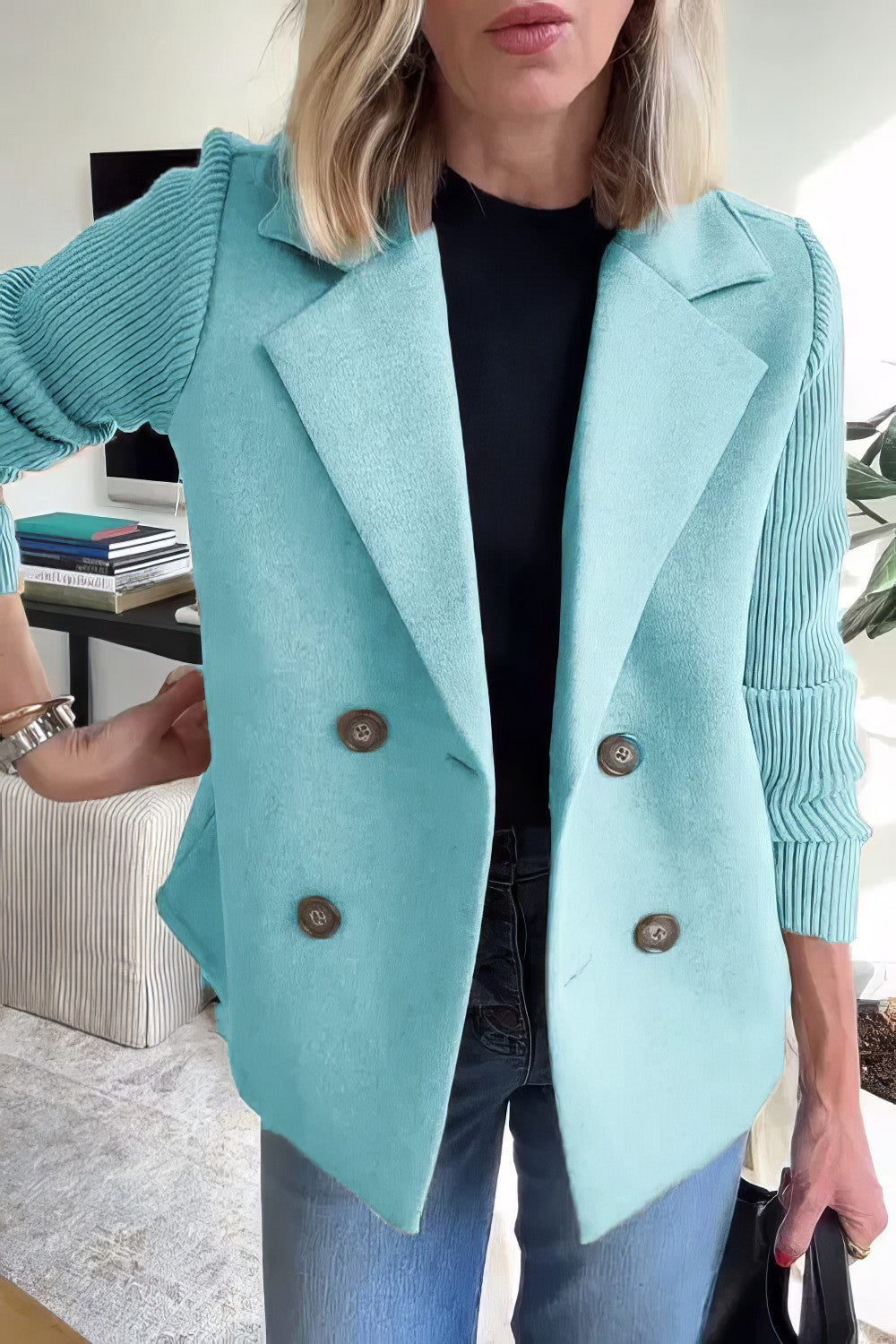 CASUAL KNIT COAT  -WITH BUTTONS AND PATCHWORK SLEEVES FOR WOMEN