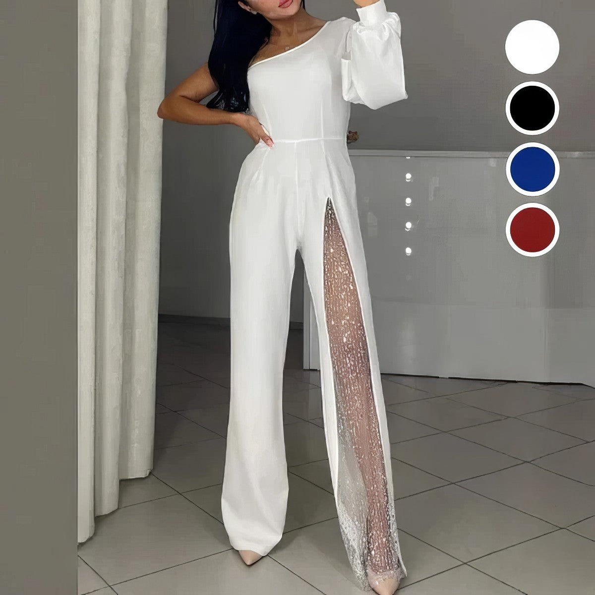 ASYMMETRICAL ONE-SHOULDER JUMPSUIT WITH FLARED TULLE SLEEVES