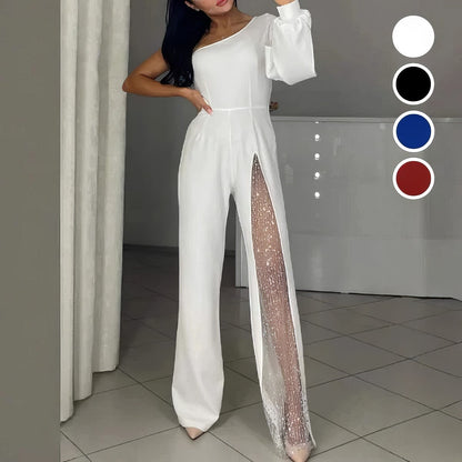 ASYMMETRICAL ONE-SHOULDER JUMPSUIT WITH FLARED TULLE SLEEVES