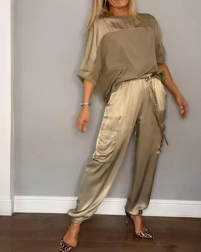 ELEGANT TWO-PIECE SATIN SET WITH BLOUSE AND CARGO PANTS