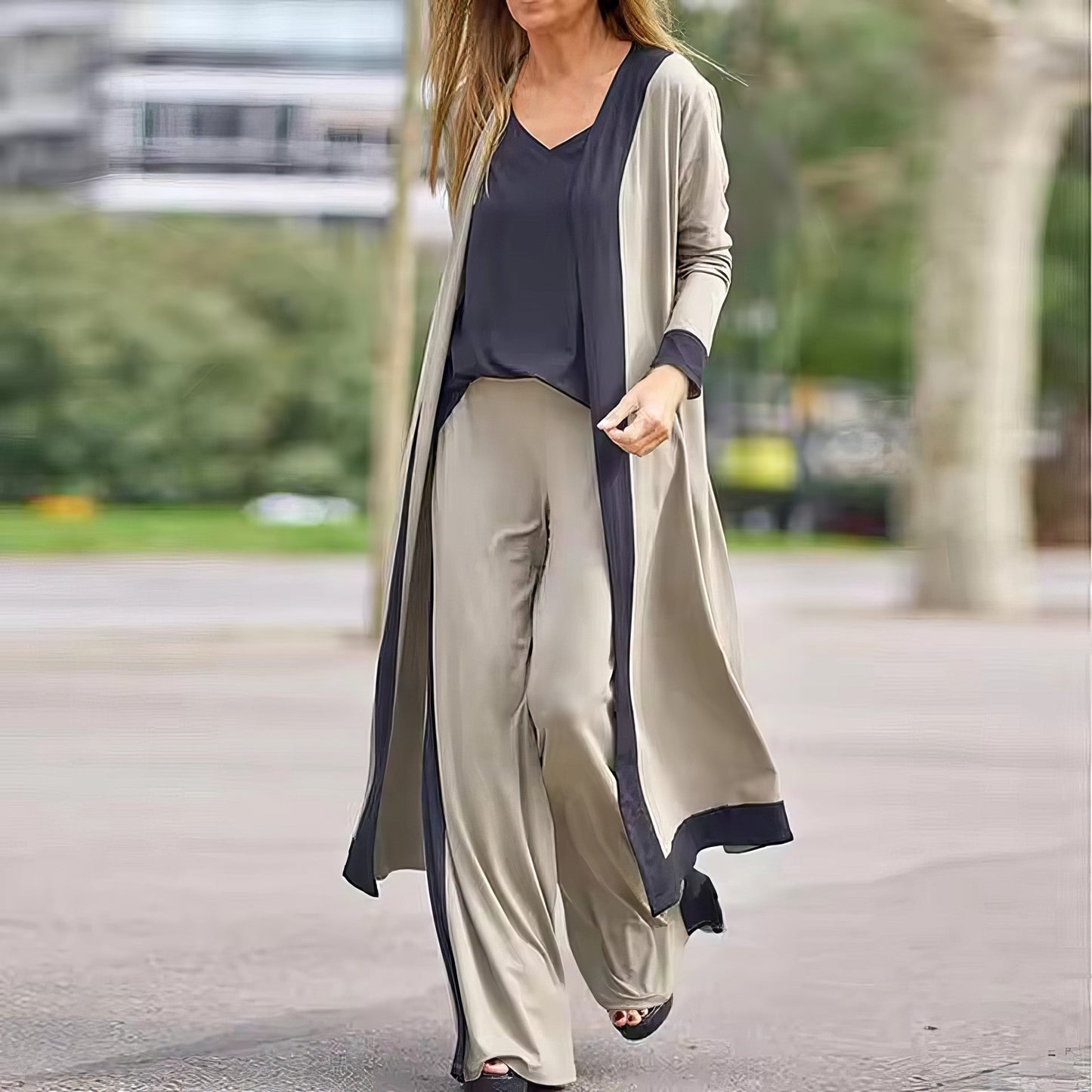 3-PIECE WOMEN’S SET- CARDIGAN, TOP & WIDE-LEG PANTS