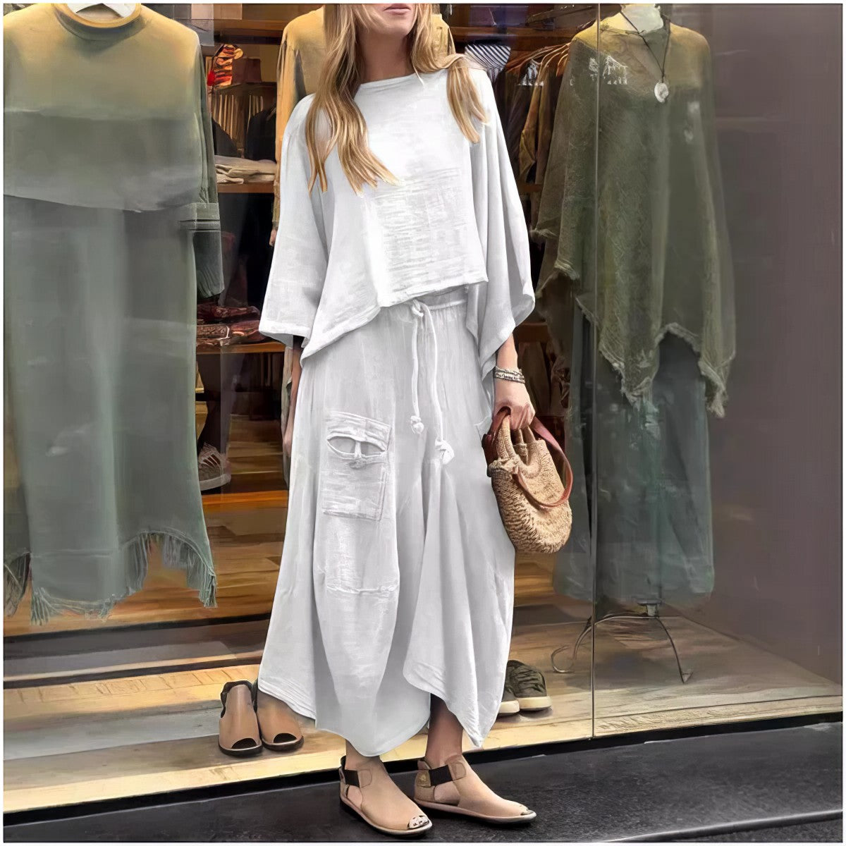CASUAL TWO-PIECE SET: ROUND-NECK BLOUSE & LOOSE-FIT SKIRT