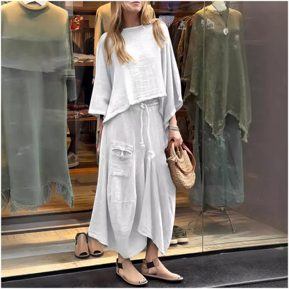 CASUAL TWO-PIECE SET: ROUND-NECK BLOUSE & LOOSE-FIT SKIRT